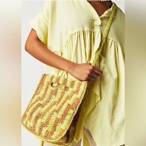 Free People Brunch Date Brown Green Yellow Raffia Purse NWOT